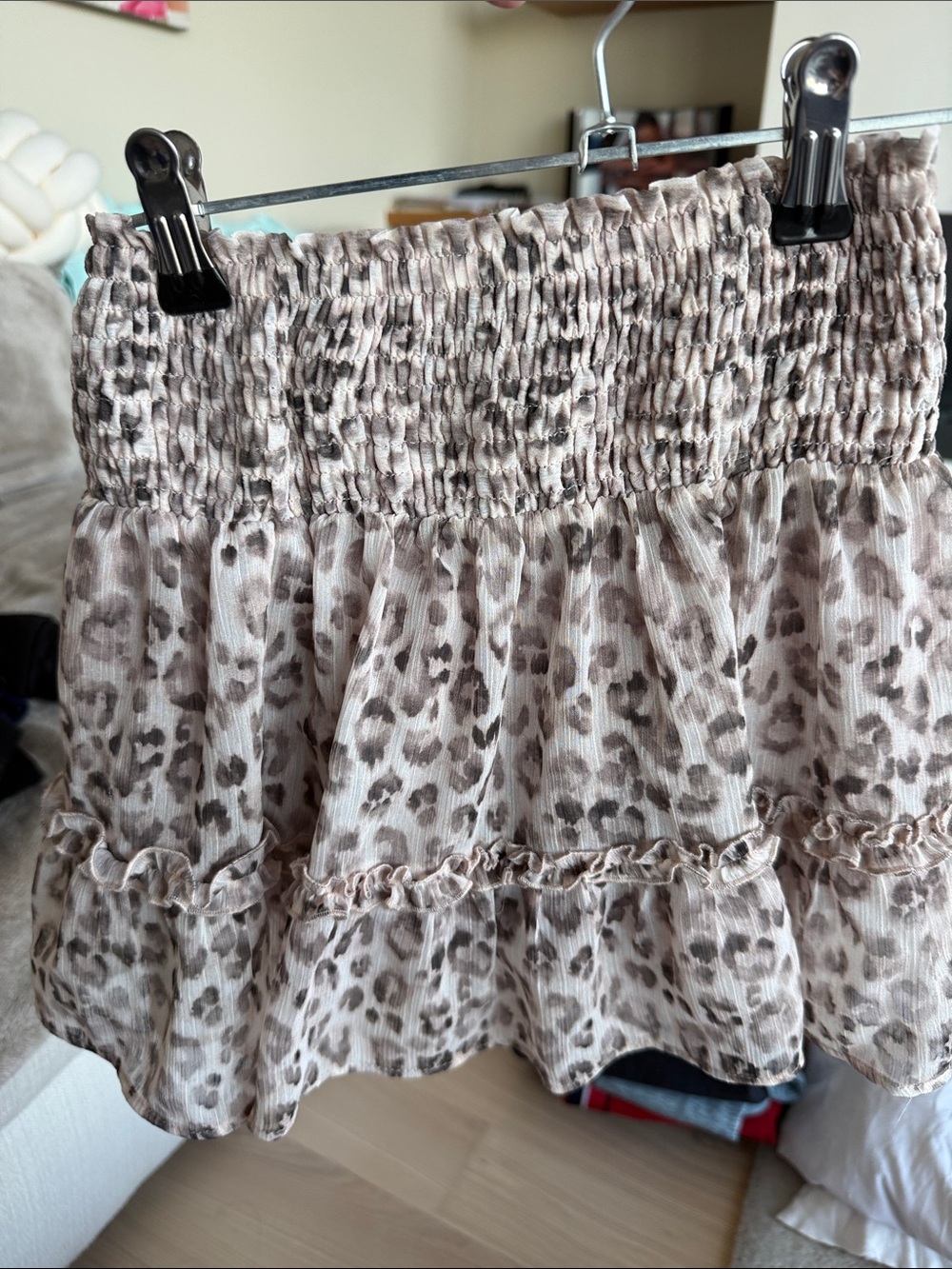 Zara Neutral Leopard Print Smocked Ruffle Mini Skirt